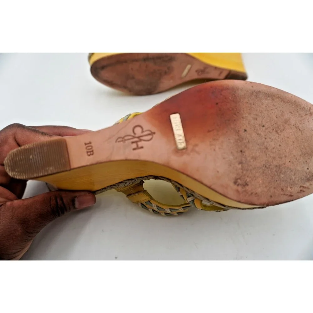 Cole Haan Yellow Woven Leather Wedge Slide Sandals Comfort Open Toe Mules Sz 10B